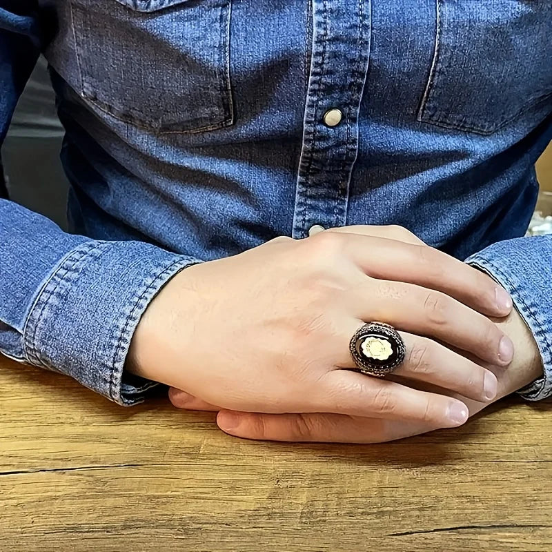 Retro Türkische Handgemachte Männer Ringe Vintage Geschnitzte Sterne Mond Muster Rot Zirkon Ringe Rock Punk Islamischen Muslimischen Hochzeit Schmuck