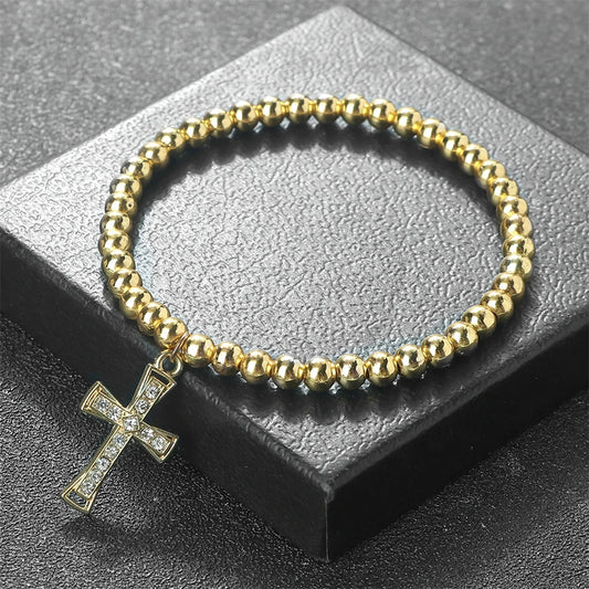5mm Gold Silber Farbe Kupfer Perlenarmband Elastisches Seil Armband mit Kreuz Strass Anhänger Charm Schmuck Geschenk für Frauen Männer