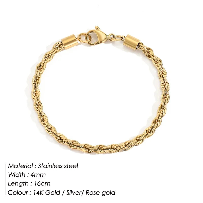 Emanco Edelstahl Twisted Rope Link Chain uneinstellbare Damen Hip Hop Punk 4mm Armbänder