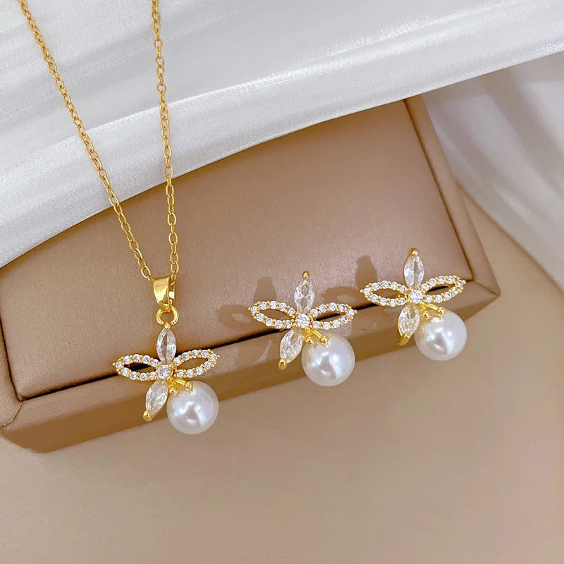 Micro-intarsien Edelstahl Charme Blume Halskette Ohrringe Mode Wunderschöne Perle Temperament Mädchen Zubehör Set