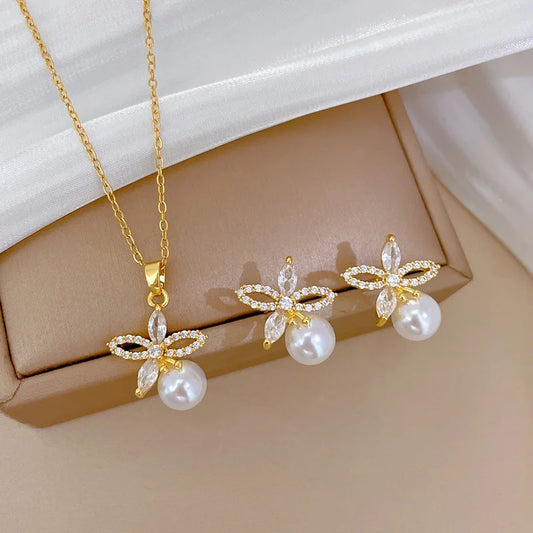 Micro-intarsien Edelstahl Charme Blume Halskette Ohrringe Mode Wunderschöne Perle Temperament Mädchen Zubehör Set