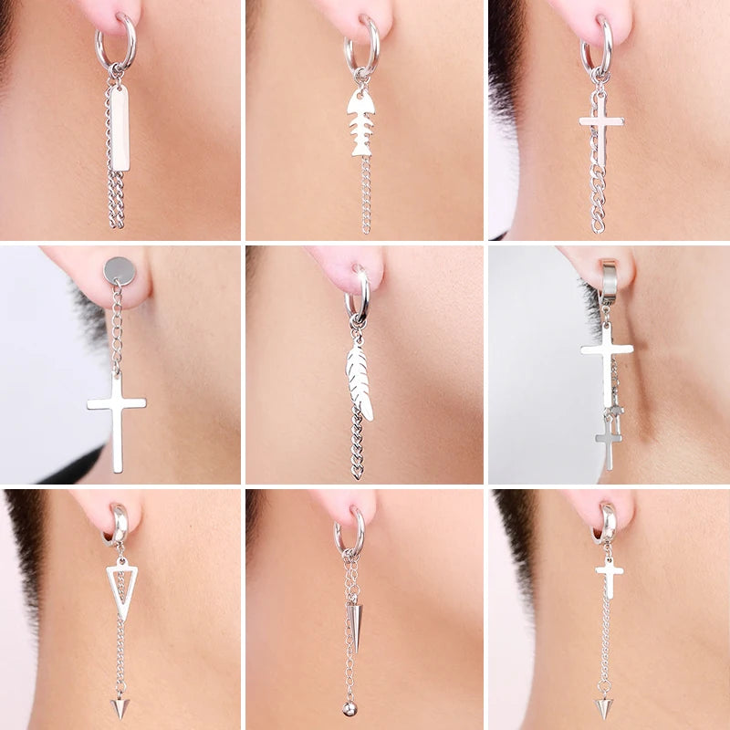 Geometrie Unisex Titan Edelstahl Drop Creolen chinesische Charakter Quaste Kette Mann Stern Kreuz Drachen feder