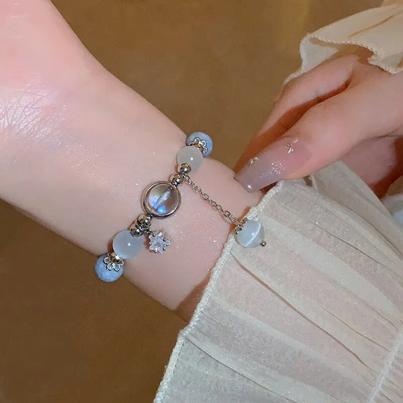 Blau Lila Farbe Opal Stein Armband Für Frauen Mädchen Glänzende Kristall Armbänder Mond Sterne Anhänger Armreifen Armband Schmuck