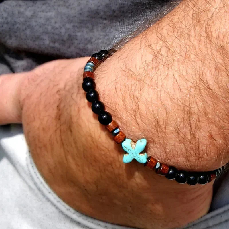 Schwarzes Onyx-Yoga-Armband mit runden Perlen und Pfeilsteinperlen für Herren