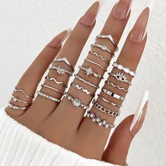 23-teiliges modisches, luxuriöses, glänzendes Zirkon-Wellen-Damenring-Set mit mehreren Elementen, geeignet für den täglichen Gebrauch oder Ringe für Damen