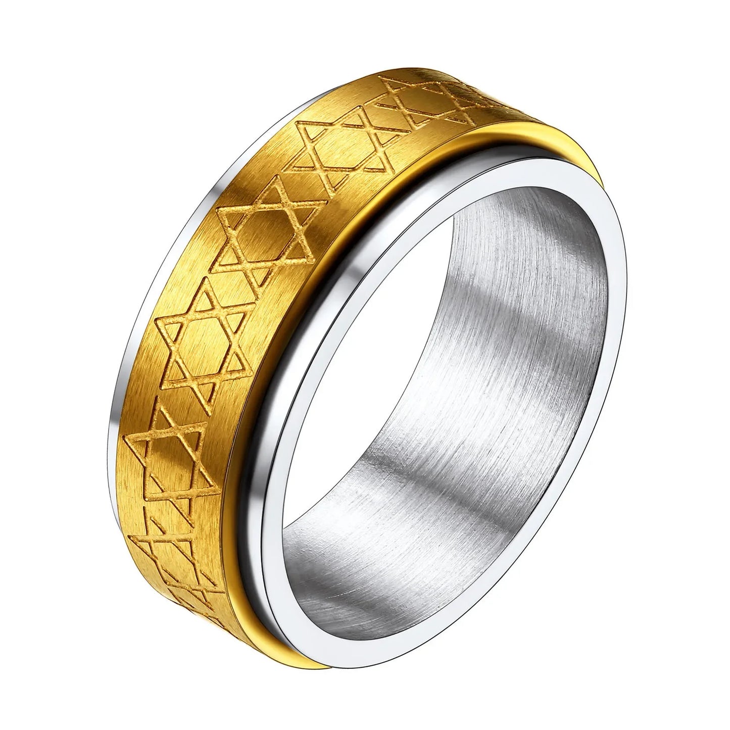 ChainsPro Edelstahl-Doppelschichten, 7,7 mm, flaches Band, Davidstern-Ringe für Herren, Größe 7–12, Angstfreigabungsspinner QC25