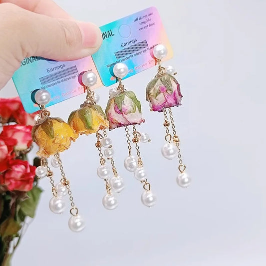 Einzigartige getrocknete Blumenohrringe, elegante natürliche Rose, Blumenperle, Quaste, lange Ohrringe, Epoxidharz, Rosenohrringe, Schmuck im Großhandel
