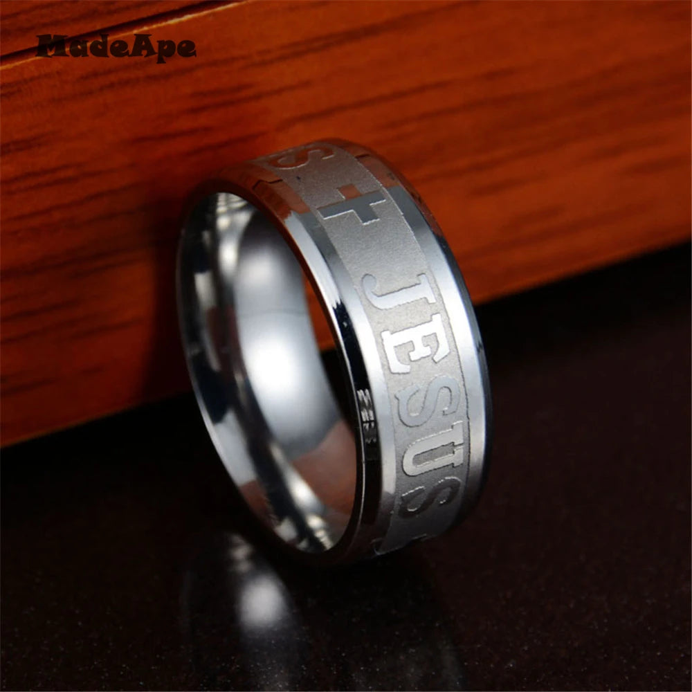 MadApe Klassischer Schmuck, 8 mm, Edelstahl, Buchstabe Bibelringe, Schwarz, Silber, Farbe, Roségold, Band, Jesus-Kreuz-Ring für Männer und Frauen