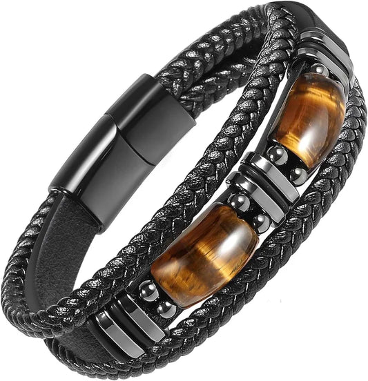 Tigerauge schwarzes Lederarmband Herren natürlicher Edelstein Kristall Stein Schmuck handgemachte Mut Stress Relief Schutz Armband