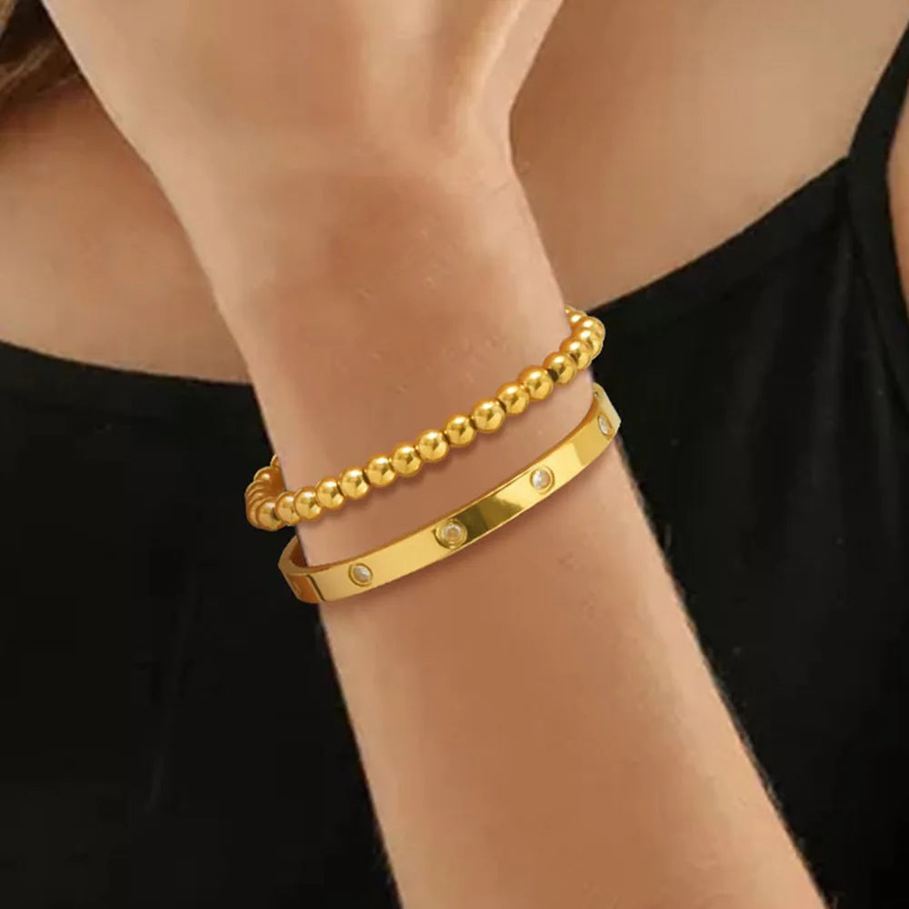 Vnox 2–8 mm Damen-Armbänder-Set, einfache gestapelte vergoldete Edelstahl-Perlen-Armbänder, glamouröse Liebesgeschenk-Manschettenarmbänder für Sie