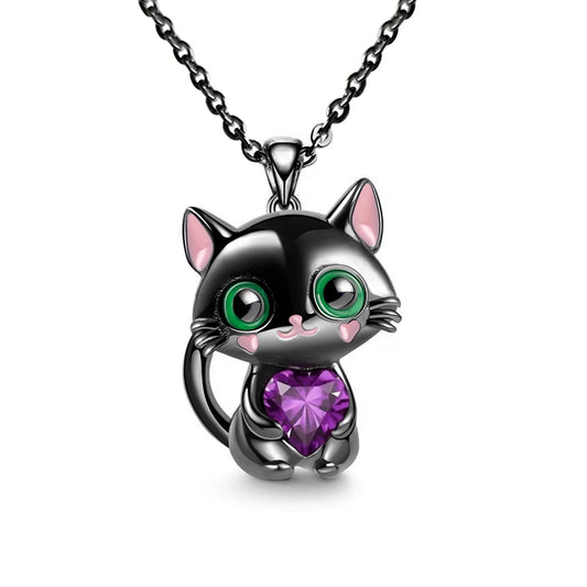 Cartoon Lila Herz Kristall Schwarze Katze Anhänger Halskette Für Frauen Männer Jungen Mädchen Schmuck Zubehör