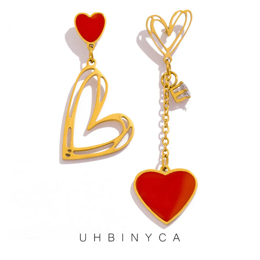 UHBINYCA Asymmetrische rote herzförmige Quasten-Anhänger-Ohrringe für Damen, vergoldeter exquisiter Schmuck aus Edelstahl