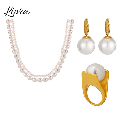 Liora Premium Simulierte Perle Edelstahl Halskette Ringe Baumeln Ohrringe Für Frauen Hypoallergen Frauen Schmuck Sets Geschenke