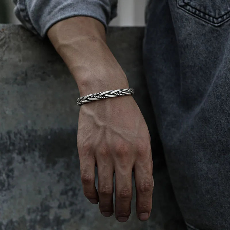 Modedesigner-Armband aus 925er-Sterlingsilber, verdreht, gewebt, für Herren und Damen, neutral, Retro, thailändisch, original, handgefertigt, Öffnungsarmreif, Geschenke