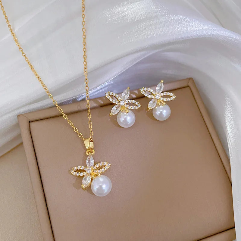 Micro-intarsien Edelstahl Charme Blume Halskette Ohrringe Mode Wunderschöne Perle Temperament Mädchen Zubehör Set