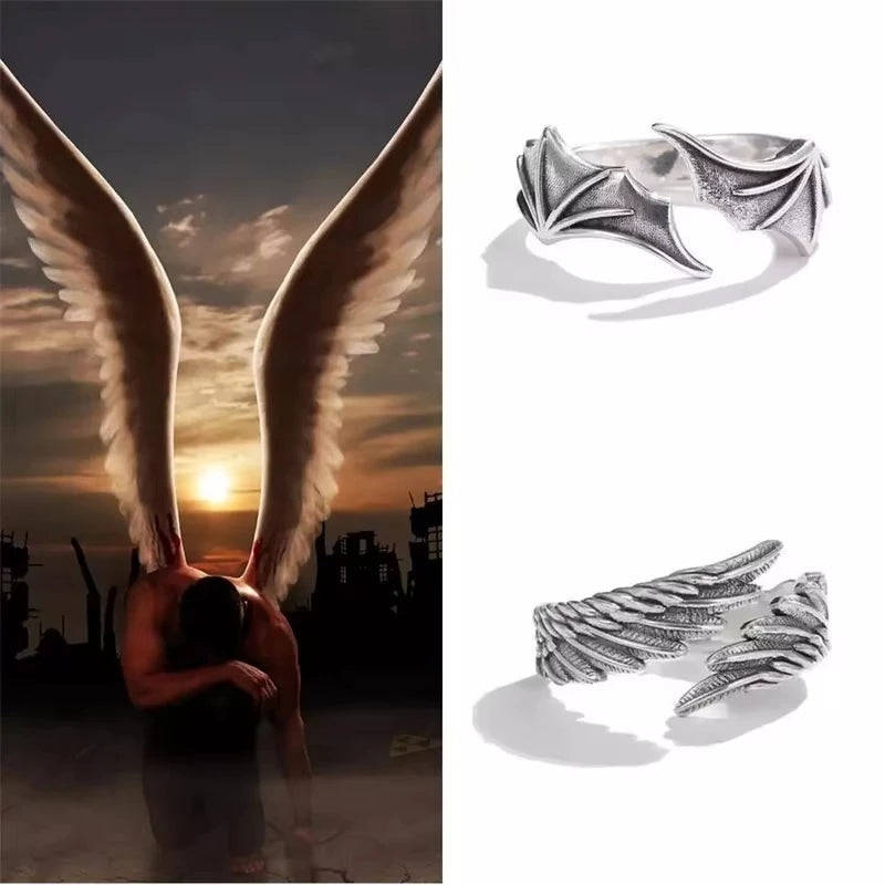 FTCY 2 Stück Vintage Engel Teufelsflügel Verstellbare Ringe für Männer Frauen Hip Hop Retro Silber Farbe Paare Ringe Party Geschenke Schmuck