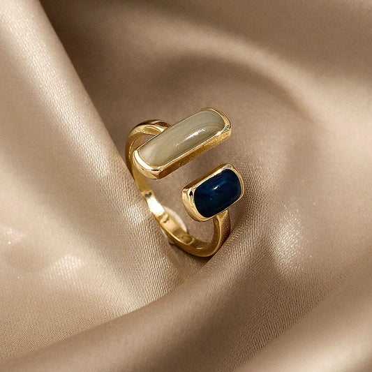 FTCY Quadratischer blauer Tropfglasur-Ring für Frauen, Retro, geometrisch, goldfarben, Metall-Öffnungsringe, Hochzeit, Geburtstag, Damenschmuck, Geschenk