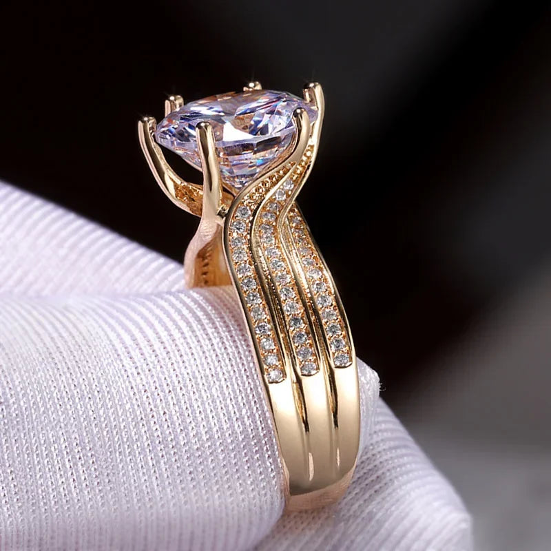 Wunderschöne Solitär-Zirkonia-Brauthochzeitsringe in Goldfarbe, Verlobungsfeier, brillanter Damenschmuck, Anillos De Mujer Alem