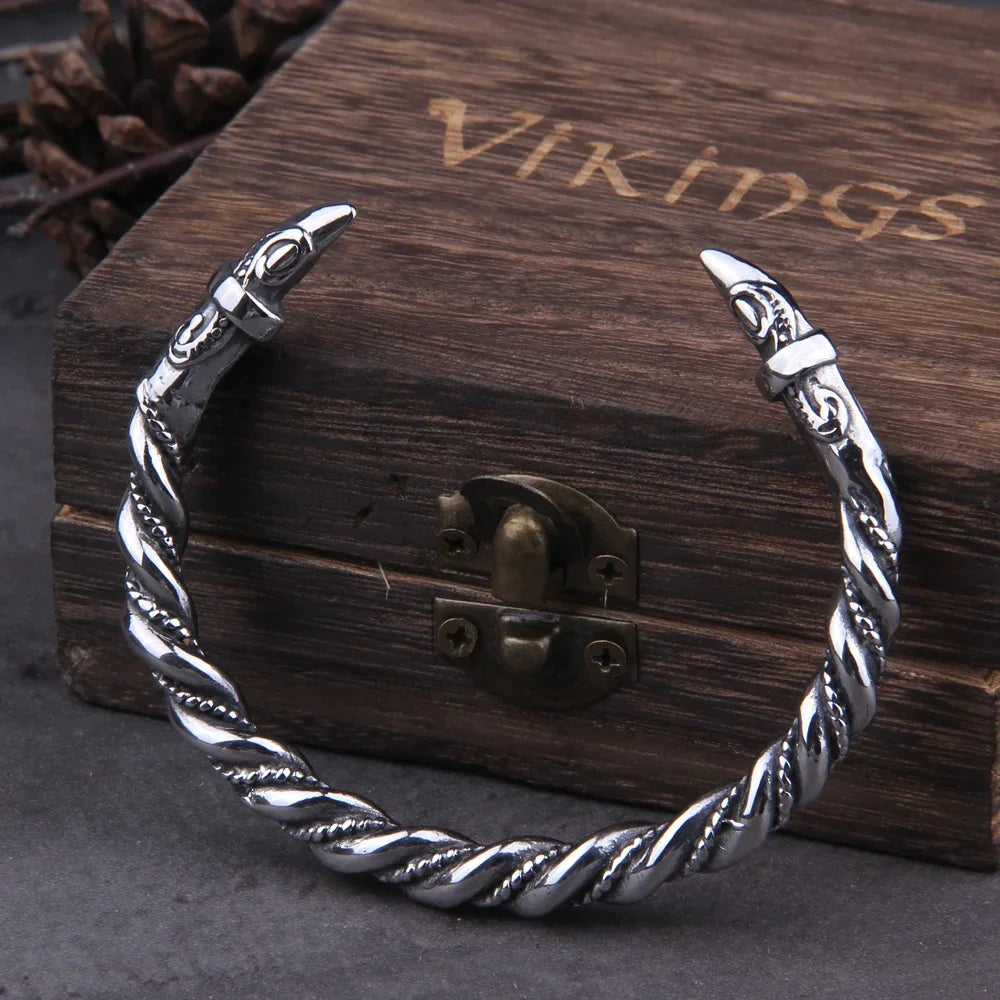 Edelstahl Nordic Viking Nordic Raven Armband Herren Armband Manschettenarmbänder mit Wikinger Holzkiste