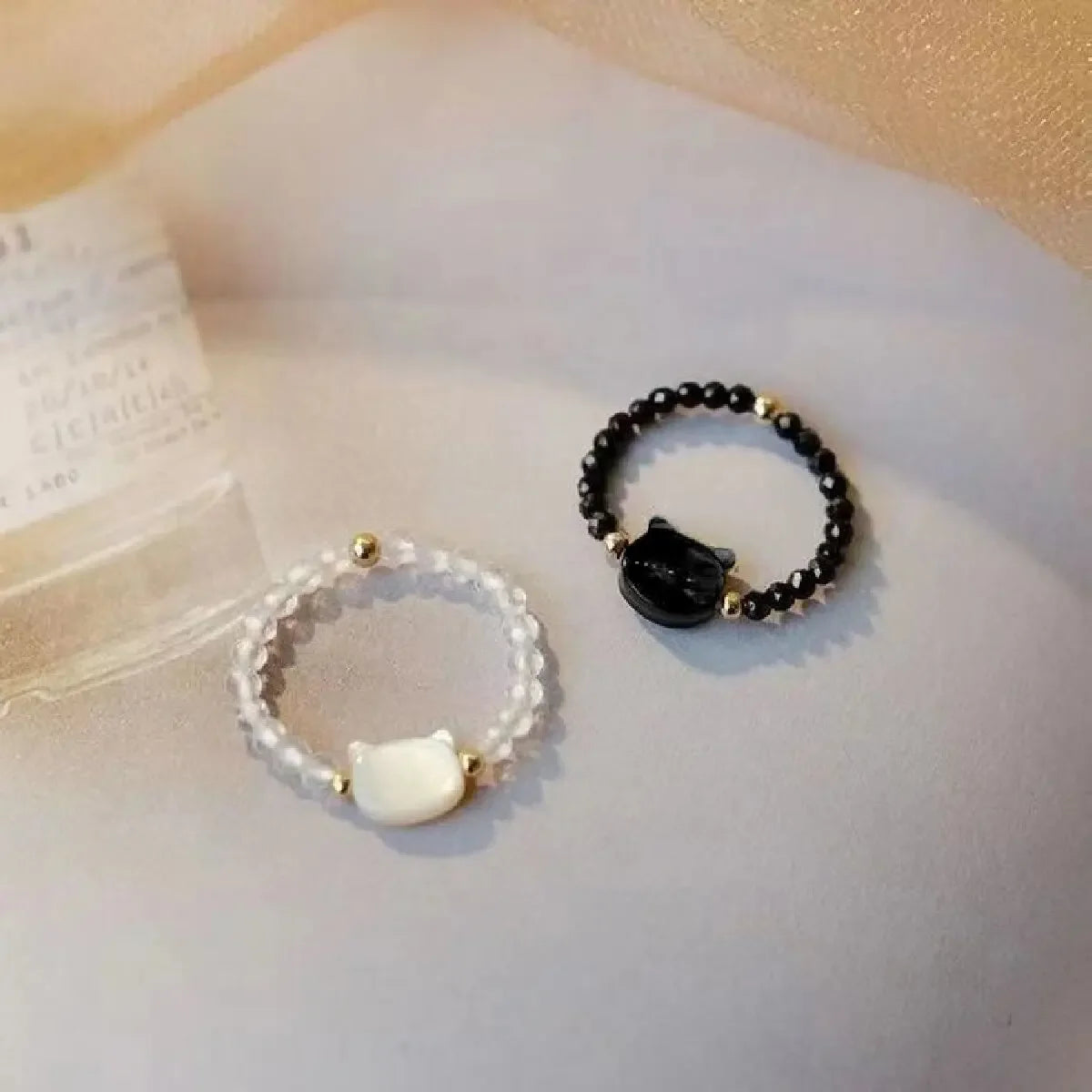 Mode Natürliche Mondstein Obsidian Ringe Minimalistischen Handgemachte Nette Schwarz Weiß Katze Perle Ring Frauen Party Zubehör Schmuck Geschenk