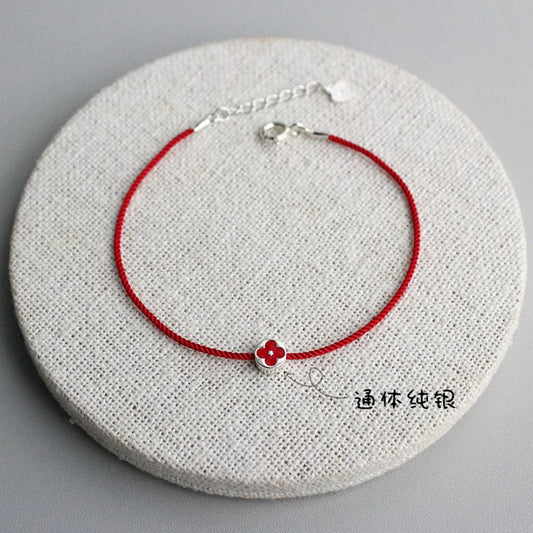 16 + 2 cm rotes Seil Blume Damen Silber Armbänder Silber rote Kleeblatt Perle Mädchen 925 Armbänder 925 Stachellänge kann individuell angepasst werden