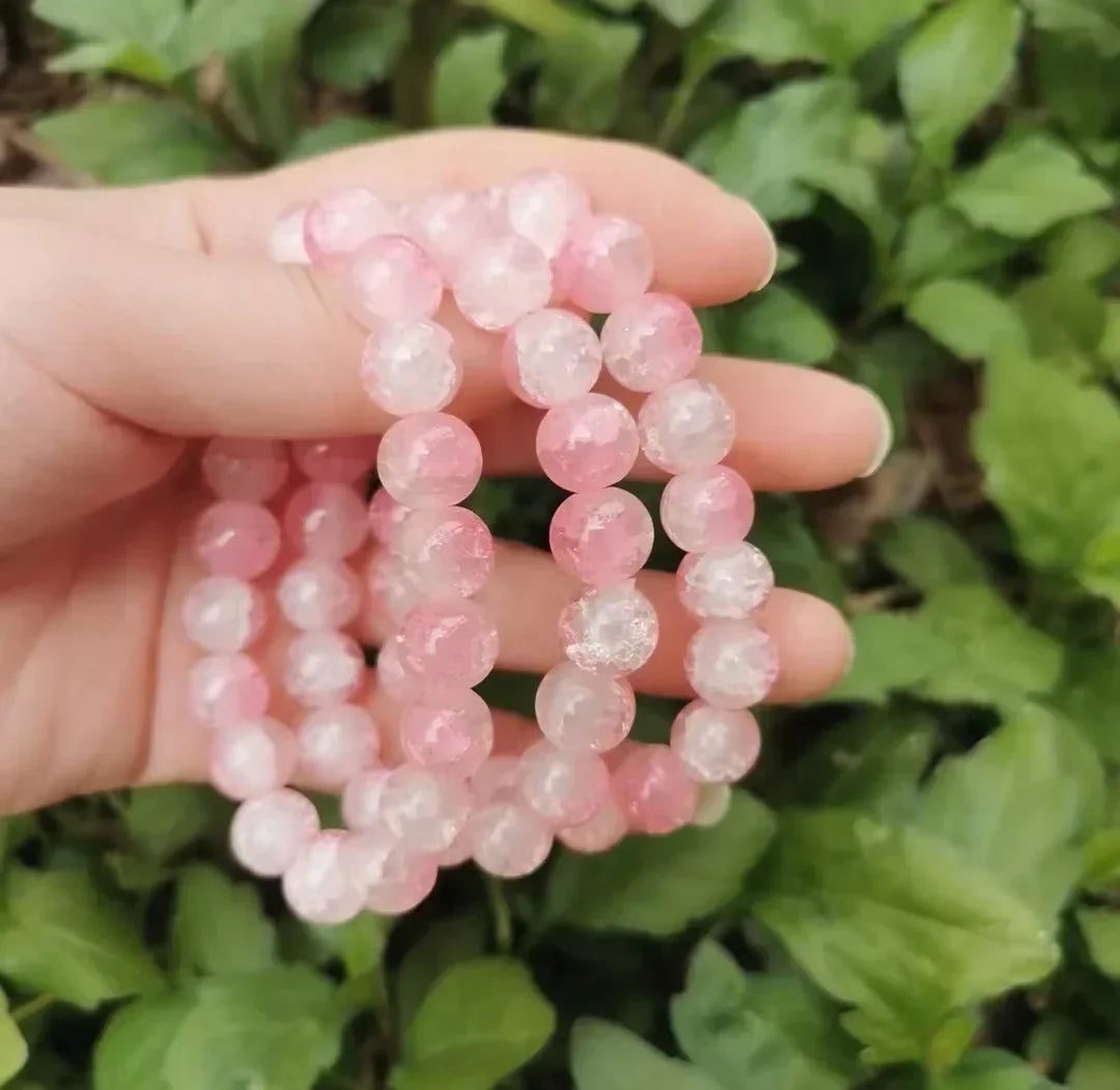 Natürliches rosa/buntes Kristall-/Porzellan-Armband mit Eis-Rissmuster und gemusterten Perlen, einzelner Kreis, glücklicher Heilstein, Schmuck, Geschenk