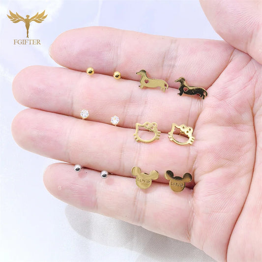 6-teiliges Ohrstecker-Set aus chirurgischem Edelstahl, niedlicher Haustier, Hund, Katze, Tier, goldener Schmuck, Damen- und Mädchen-Accessoires, Geschenk mit Box