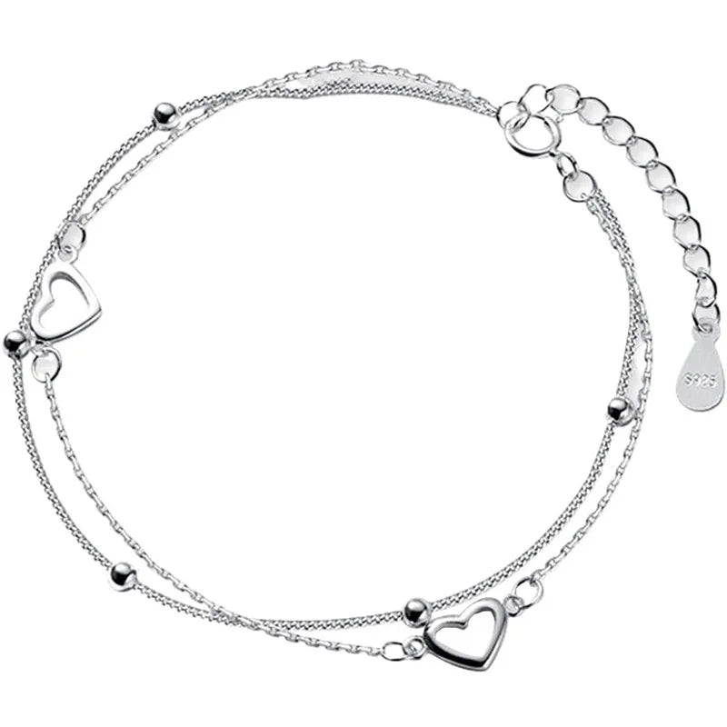 Runde Perle, hohles Liebesarmband, Herz, handverziert, doppeltes Design, süßes 925er Silber vergoldetes Kettenarmband für Frauen und Mädchen, Geschenke