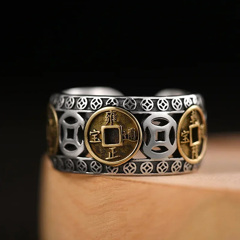 Chinesischer Feng Shui Pixiu Ring, versilbert, Kupfermünzen, verstellbare Ringe für Damen und Herren, Amulett, Reichtum, Glücksschmuck, Geburtstagsgeschenk
