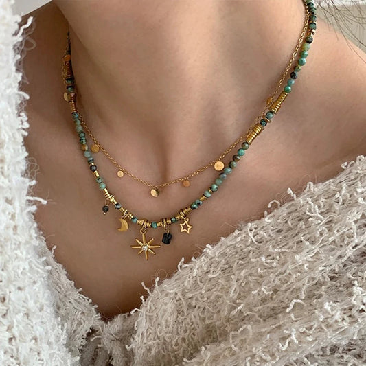 ZAKOL Vintage Böhmischen Stil Stein Perlen Halskette für Frauen Charme Mang Stern Anhänger Gestapelt Schlüsselbein Kette Mode Schmuck Geschenke