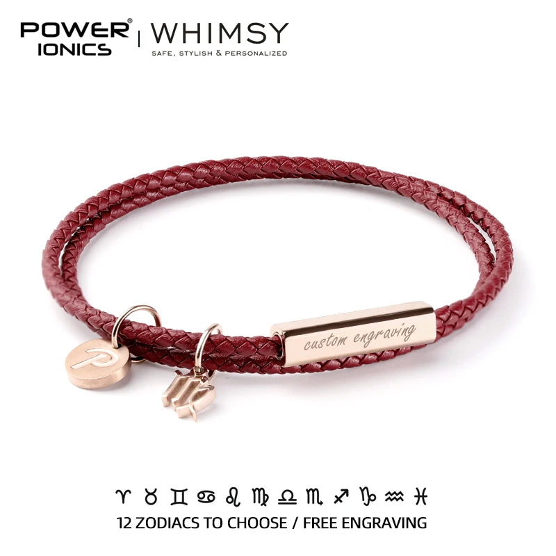 Power Ionics Launen 12 Zodiacs Serie Männer Frauen Echt leder Wrap Charm Armband Geburtstags tag Geschenke kostenlose benutzer definierte Gravur
