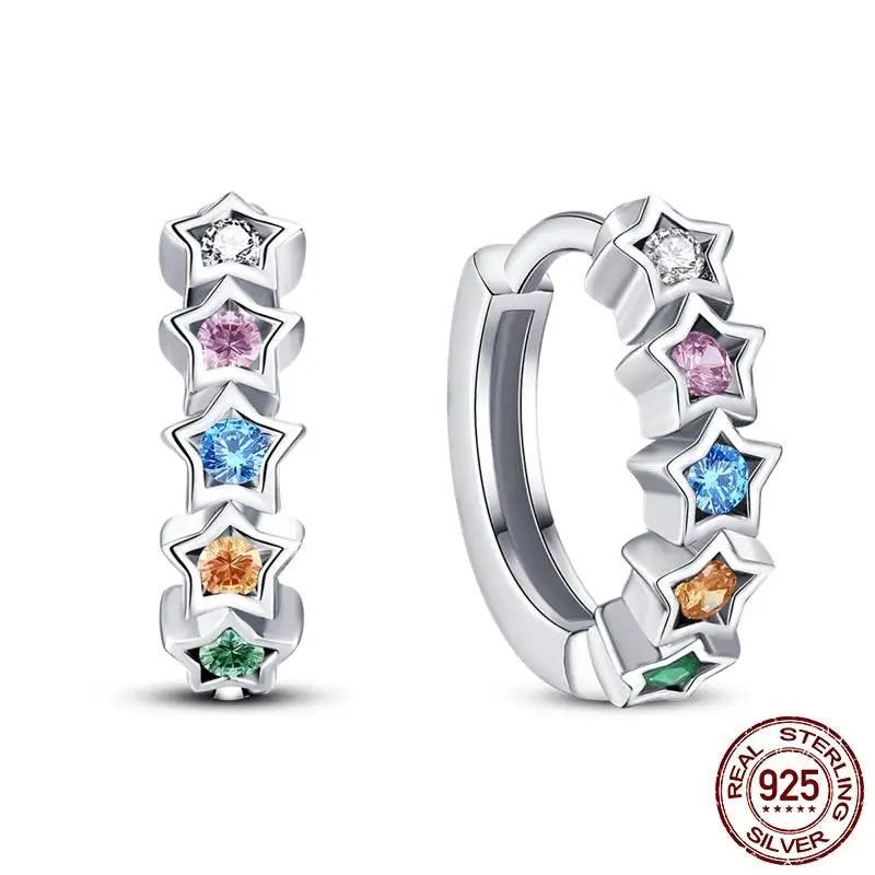 Leuchtende Muschel-Ohrringe für Damen, Original-Ohrringe aus 925er-Sterlingsilber, Pavé-CZ-Stern, Mond, Creolen, Verlobung, Hochzeit, Schmuck