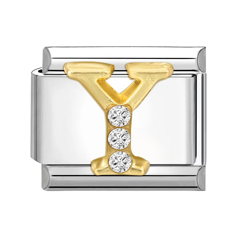 Neues modisches italienisches Armband mit 26 englischen Buchstaben, Edelstahl-Armreif, goldfarben, eingelegter Zirkonia, DIY-Herstellung von Schmuck, Geschenken