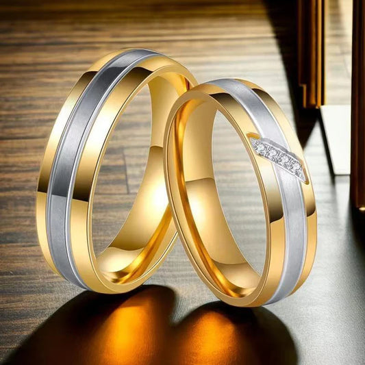 1 Stück Goldton versilberter Edelstahl Titan Ring Kubikzircon Strass Paar Verlobung Hochzeit Schmuck Männer Frauen