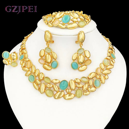 GZJPEI Elegantes Opal-Stein-Schmuckset, luxuriös, vergoldet, Halskette, Armband, Ohrring, Ring für Italien, Braut, Hochzeit, Geschenk, 2025, neu