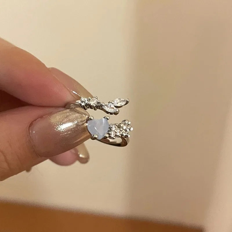2023 neue Mode Blau Opal Herz Offene Ringe für Frauen Blume Strass Finger Ringe Hochzeit Party Trendy Mädchen Schmuck Geschenke