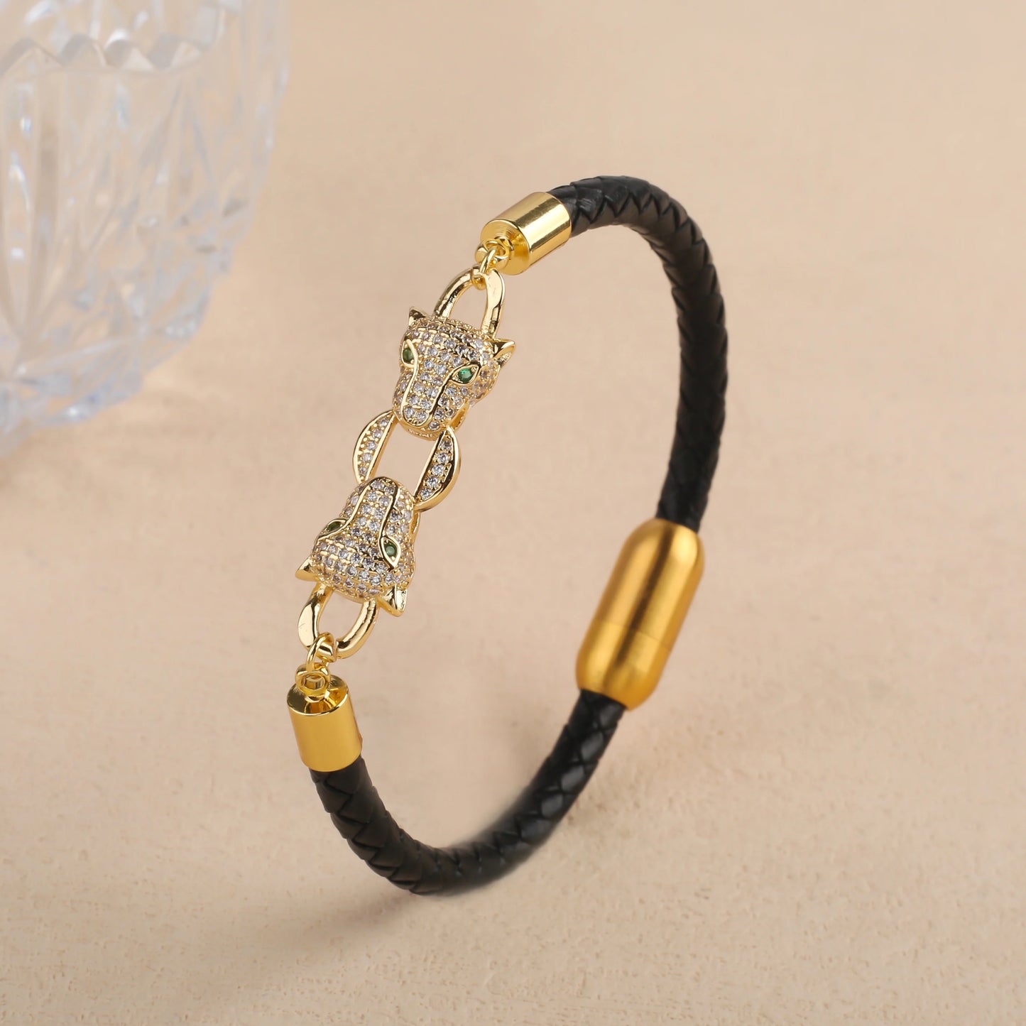 Voller Zirkonia, Leoparden-Tier-Leder, geflochtenes Edelstahl-Armband, klassisch für Mann und Frau, täglicher Party-Schmuck, Geschenk