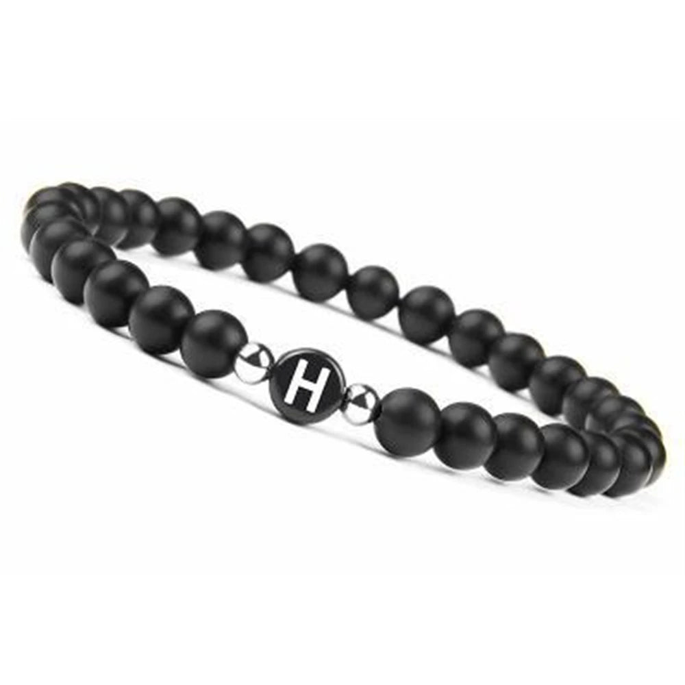 6 mm 26 Buchstaben-Armband, Unisex, schwarzer mattierter Stein, Perlen-Armreif, handgefertigt, DIY-Armband für Frauen, Männer, Paare, Freundschaftsgeschenke