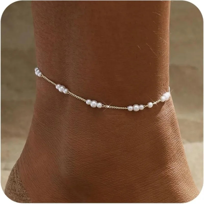 Gold-/Silber-Knöchelarmbänder für Damen, 14 Karat vergoldete kleine Perlen, ayered Fußkettchen, Sommer-Fußschmuck