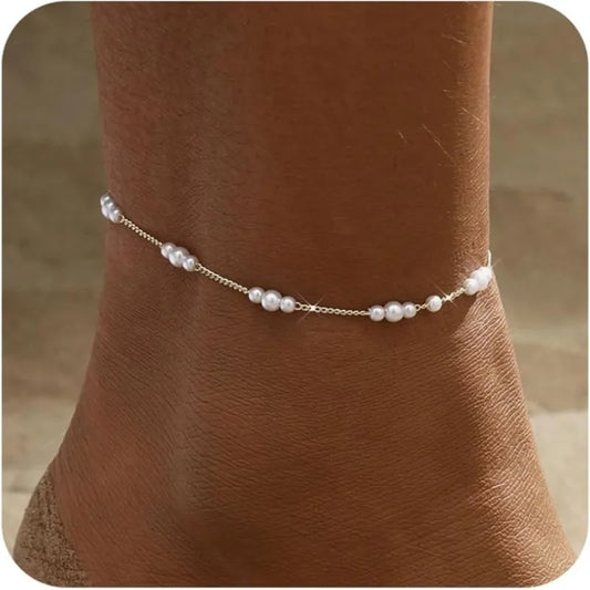 Gold-/Silber-Knöchelarmbänder für Damen, 14 Karat vergoldete kleine Perlen, ayered Fußkettchen, Sommer-Fußschmuck