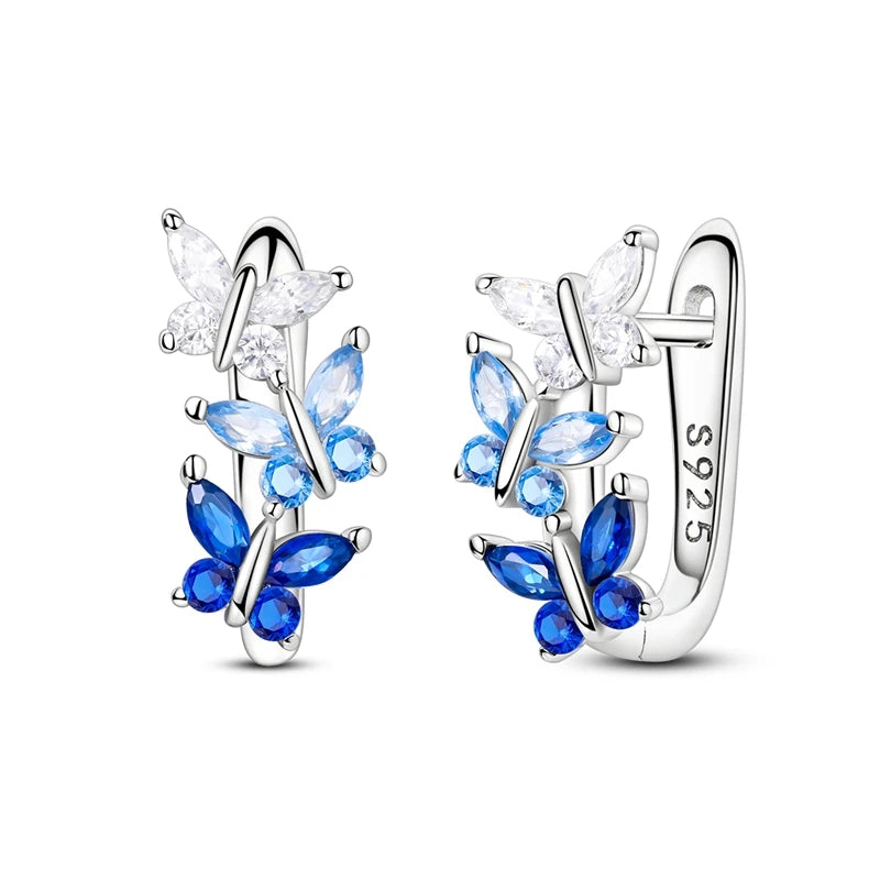 Original 925 Sterling Silber Blaue Zirkonium Schmetterling Ohrringe Farbige Creolen Frauen Weibliche Party Edlen Ohrring Schmuck