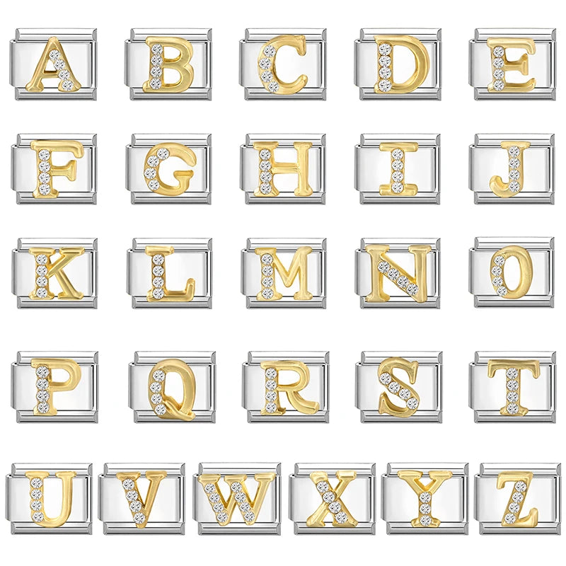 Neues modisches italienisches Armband mit 26 englischen Buchstaben, Edelstahl-Armreif, goldfarben, eingelegter Zirkonia, DIY-Herstellung von Schmuck, Geschenken