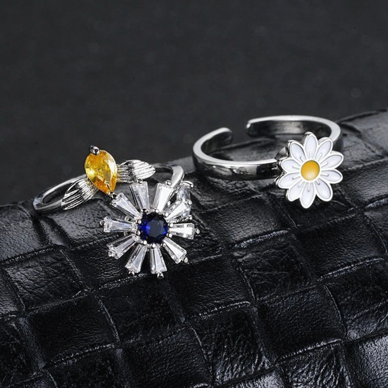 Titan Edelstahl Ring Für Frauen Drehen Rotierenden Angst Zappeln Einstellbare Ringe Silber Farbe Schmuck Schöne Blume Biene
