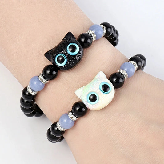 1 STÜCK Passende Armbänder Paare Frauen Männer Leuchtende süße Katze Freundschaftsarmband Schwarz Weiß Katzenkopf Perlenstrang Armband