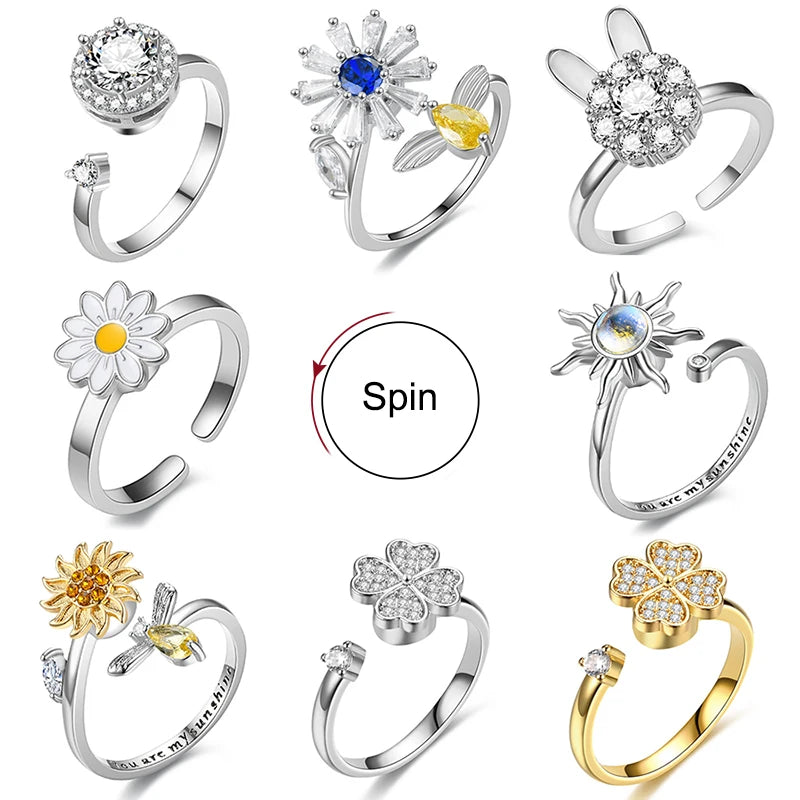 Titan Edelstahl Ring Für Frauen Drehen Rotierenden Angst Zappeln Einstellbare Ringe Silber Farbe Schmuck Schöne Blume Biene