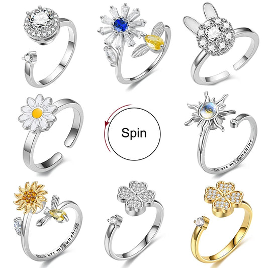 Titan Edelstahl Ring Für Frauen Drehen Rotierenden Angst Zappeln Einstellbare Ringe Silber Farbe Schmuck Schöne Blume Biene