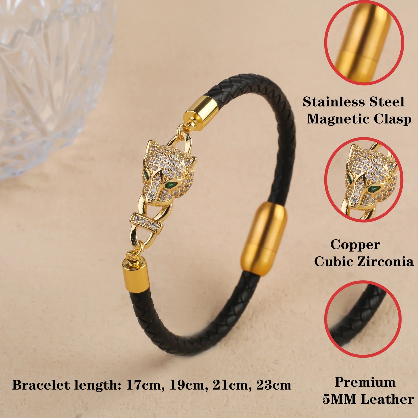 Voller Zirkonia, Leoparden-Tier-Leder, geflochtenes Edelstahl-Armband, klassisch für Mann und Frau, täglicher Party-Schmuck, Geschenk