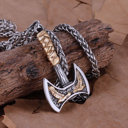 Edelstahl Wikinger Axt Halskette Gemischt Gold Farbe Odin Rabe Anhänger Herren Persönlichkeit Rune Amulett Geschenk für Freund