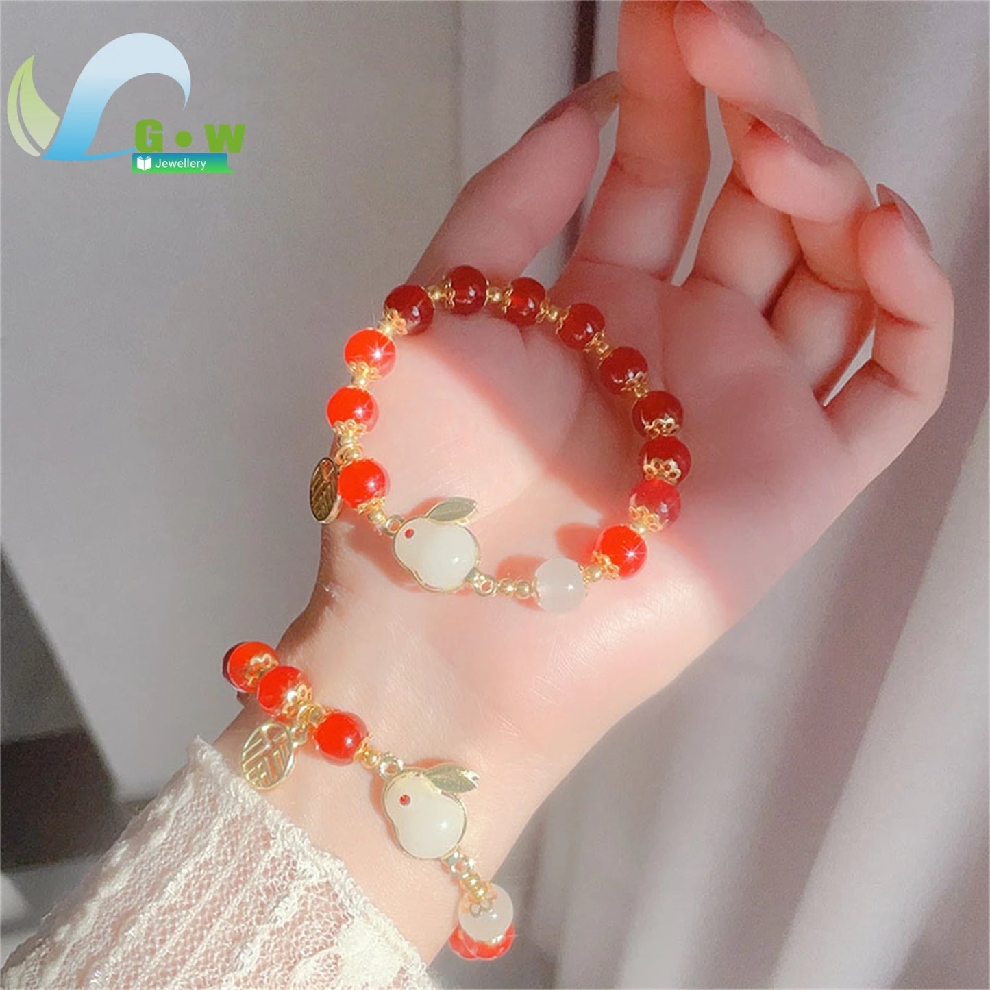 Segen Glückliches Paar Freundschaft Jade Kaninchen Armband Für Frauen Schmuck Dame Mama Geschenke Mode Naturstein Rot Runde 8mm Perle