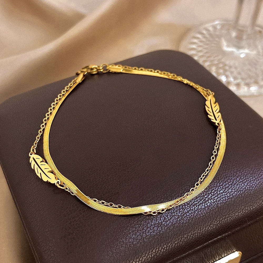 Mode Edelstahl Fußkettchen für Frauen Männer Doppelschicht Blätter Vergoldet Dicke Kette Armband Fußkettchen Wasserdicht Schmuck